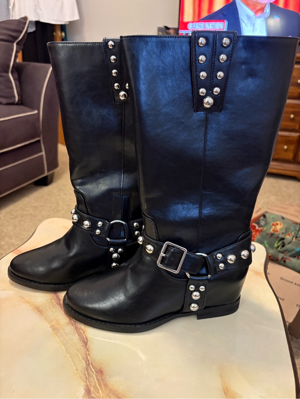 Jessica Simpson Women’s Faux Leather Boots w Silver Studding/Buckles- Sz 7.5 NEW